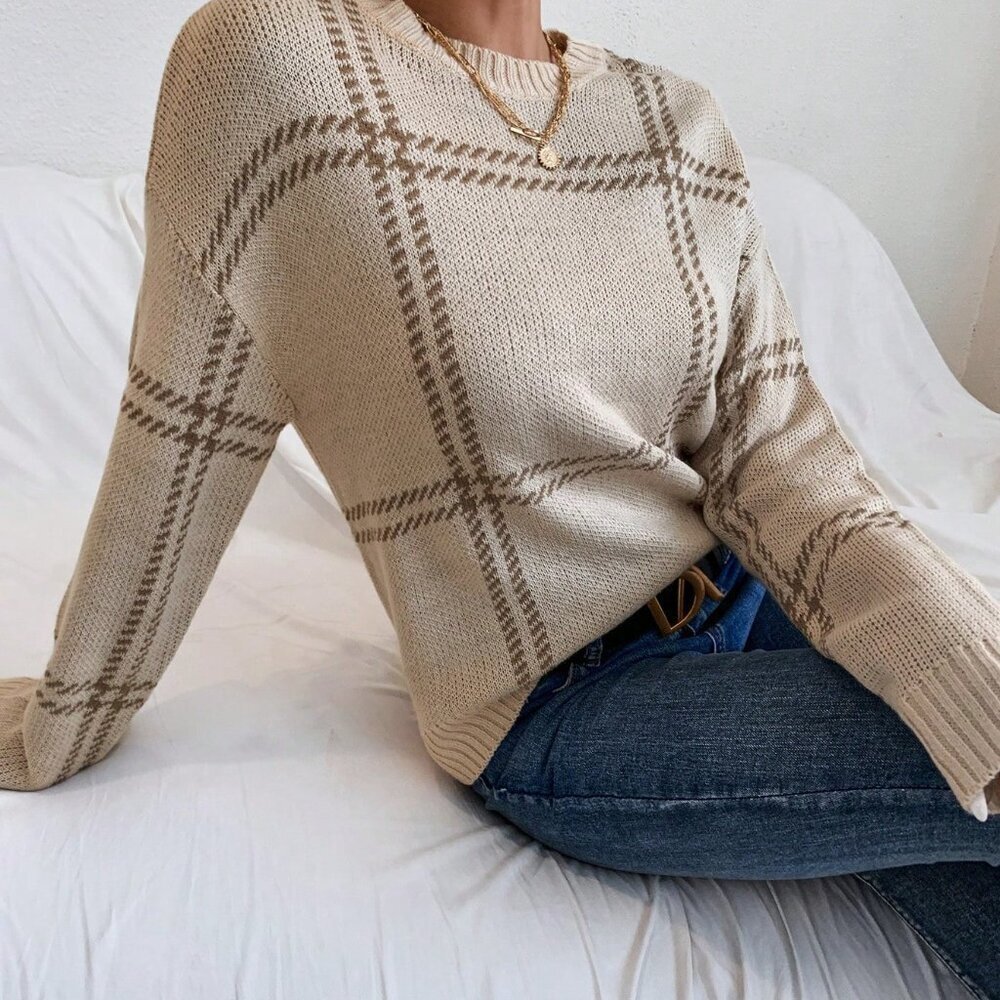 Apricot Women's Casual Plaid Drop Shoulder Sweater - Picture 3 of 6